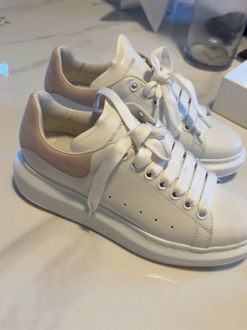 Alexander McQueen White Leather Platform Sneakers with Pink Heel Tab